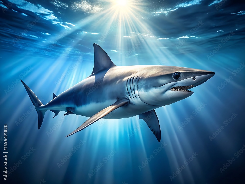 Fototapeta premium A mako shark glides gracefully through sunlit blue water