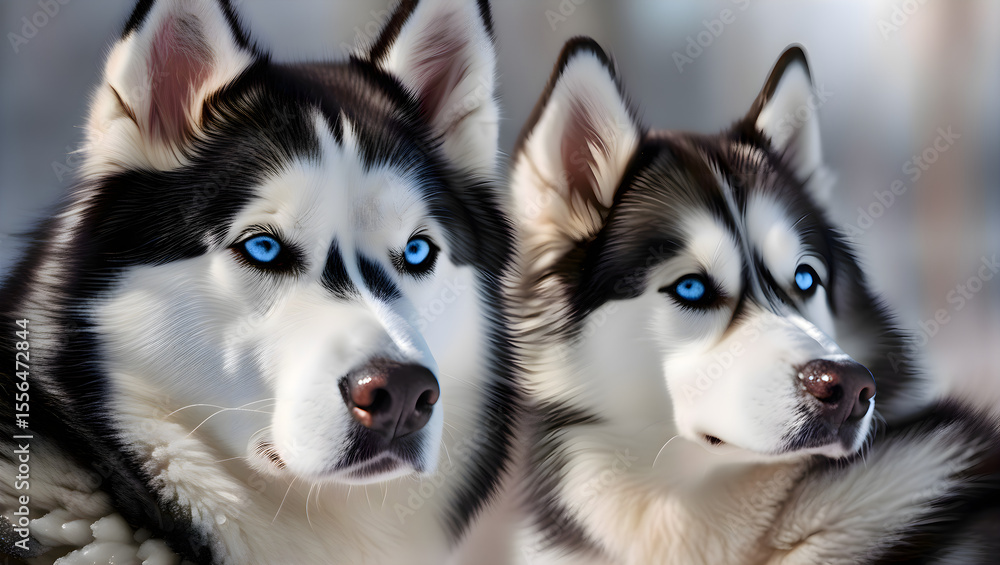 Two husky dogs with bright blue eyes sitting side by side in a calm pose, showcasing their thick fur and expressive facial features Two husky dogs with bright blue eyes sitting side by side in a calm pose, showcasing their thick fur and expressive facial features