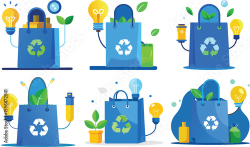 Set of six ecofriendly shopping bags illustrations isolated on transparent background