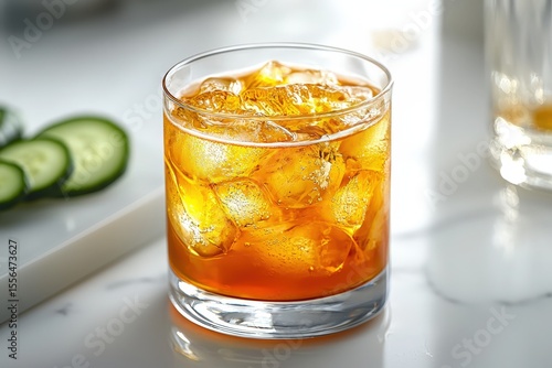 Wallpaper Mural Refreshing iced drink with orange hue and cucumber slices on marble surface Torontodigital.ca