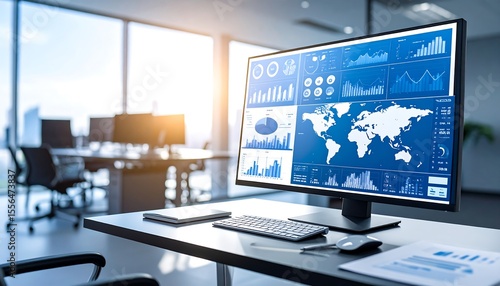 Modern office monitor with data visualizations