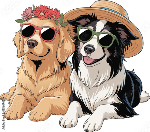 Adorable cartoon dogs wearing sunglasses and summer accessories in fun vacation mode