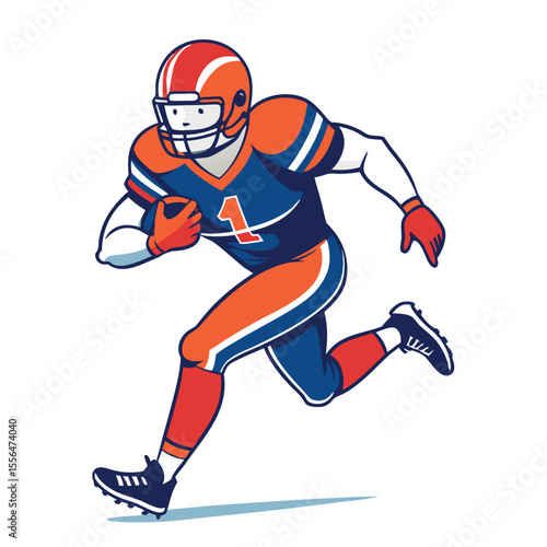 American football player in uniform running with the ball on a white background