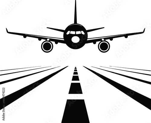 Airplane silhouette taking off or landing on runway perspective view isolated on white