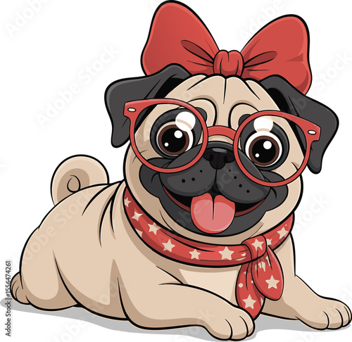 Adorable cartoon pug dog smiling with red glasses bow and star scarf on white background
