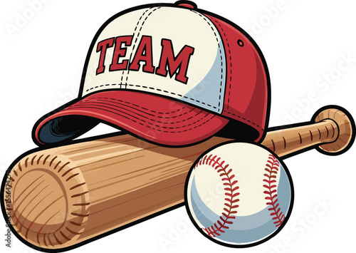 Baseball team sports equipment illustration including bat ball and red and white team cap