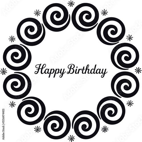 Black and white birthday greeting card with decorative spiral elements and floral accents