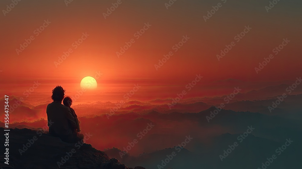 Father and Child Silhouette at Sunset Over Mountains Father and Child Silhouette at Sunset Over Mountains