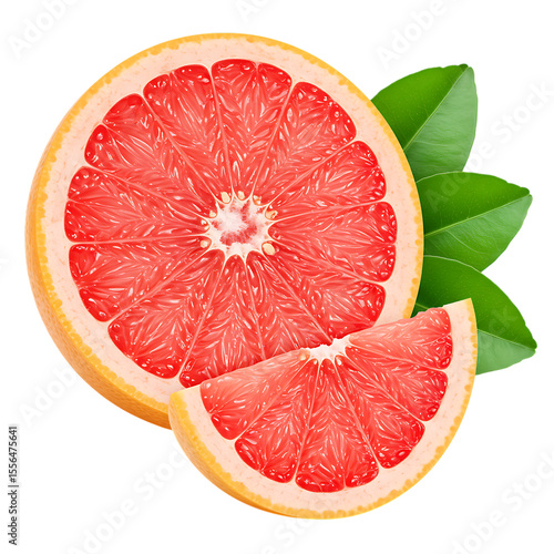 Juicy pink grapefruit slice and half with green leaves isolated on transparent background isolated on white background