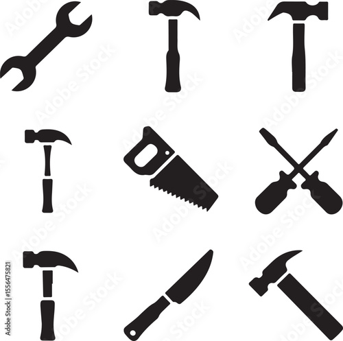 Robust Tool Icon Set DIY Art Minimalist Hammer and Knife Design Workshop Illustration Collection