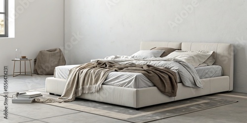 Modern Minimalist Bedroom Beige Upholstered Platform Bed, Neutral Palette, Cozy Throw, 3D Render Bedroom Design, Interior Design