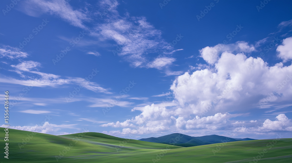 Fototapeta premium 草原の丘と青空の景色