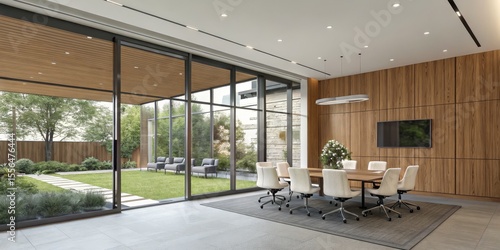 Modern Office Design Glass Wall, Wooden Paneling and Meeting Room Setup, Interior Design, Architecture Interior Design, Office Design