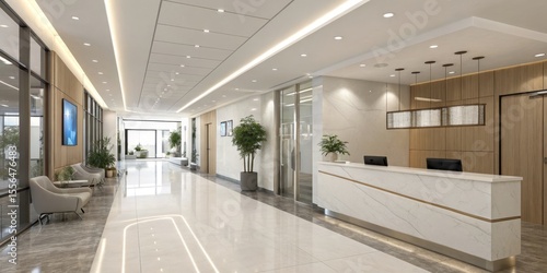 Modern Office Lobby 3D Rendering, Marble Reception, Minimalist Design, Long Corridor Office Interior, Reception Design
