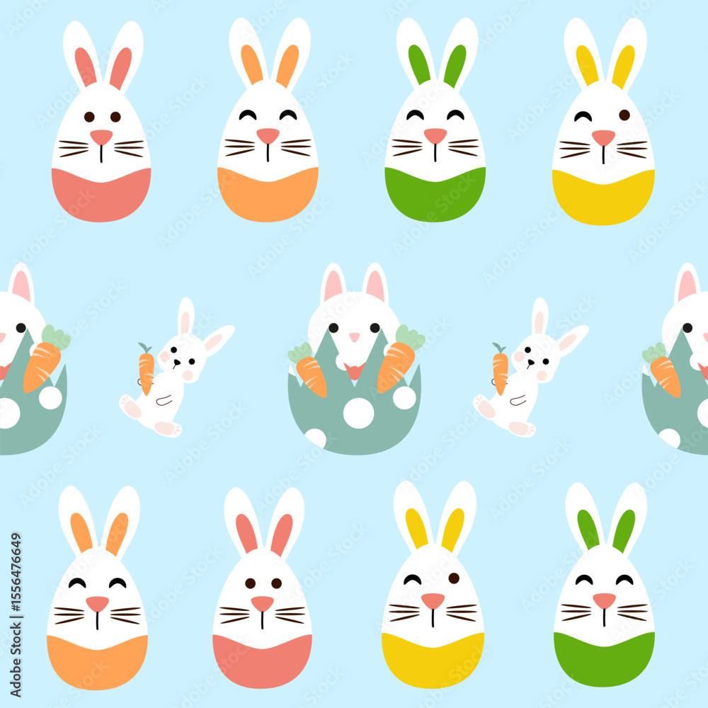 Fototapeta premium Seamless pattern cute easter rabbits with eggs and flowers, color pastel.