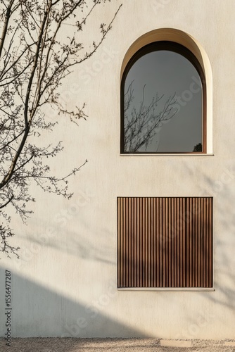 Wallpaper Mural Modern architectural design featuring a minimalist building with an arched window and wooden slats, set against a serene landscape in daylight Torontodigital.ca