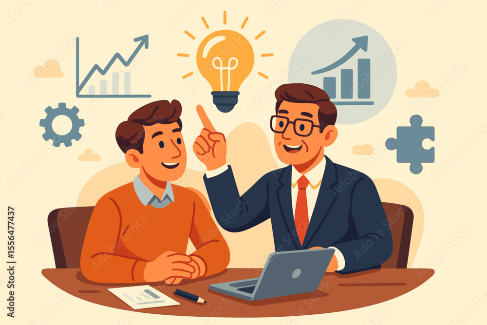 Business mentorship and guidance concept. Professional mentor advising young entrepreneur. Innovative solutions, creative teamwork, business coaching, leadership development. Vector illustration Business mentorship and guidance concept. Professional mentor advising young entrepreneur. Innovative solutions, creative teamwork, business coaching, leadership development. Vector illustration