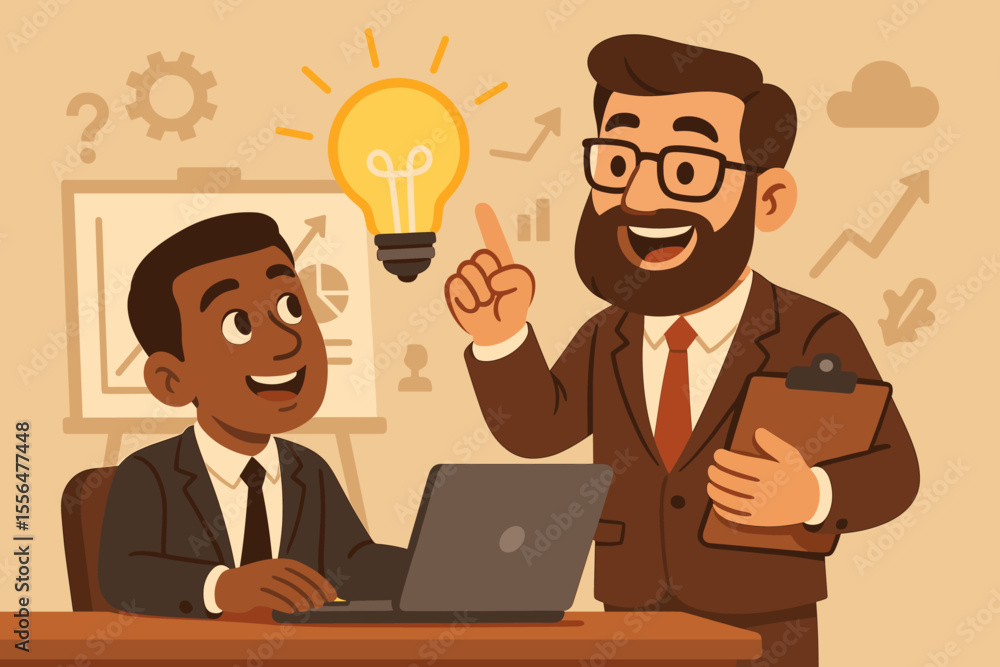 Business mentor coaching employee with innovative ideas, teamwork, leadership, guidance, creativity, brainstorming, office meeting, business strategy, vector illustration, professional advice Business mentor coaching employee with innovative ideas, teamwork, leadership, guidance, creativity, brainstorming, office meeting, business strategy, vector illustration, professional advice