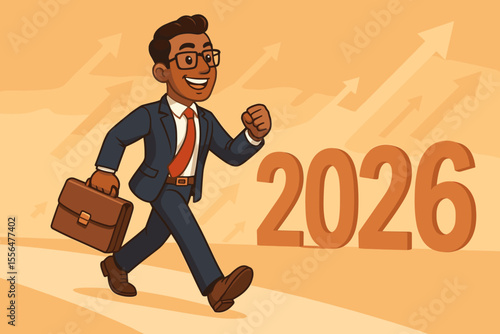 Ambitious businessman walking forward with briefcase, confident stride toward 2026, embracing new business opportunities, growth, success, leadership, progress, cartoon vector illustration