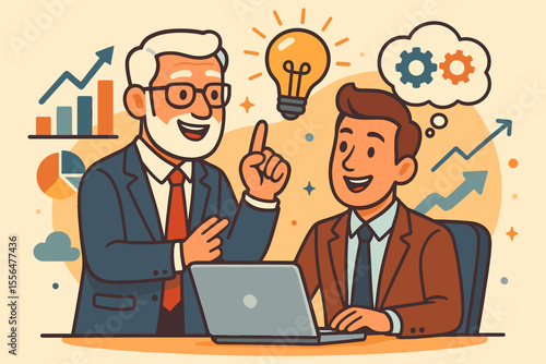Business mentorship and guidance concept. Cartoon vector illustration of mentor advising young professional. Innovation, teamwork, creative solutions, leadership, growth, coaching, office success