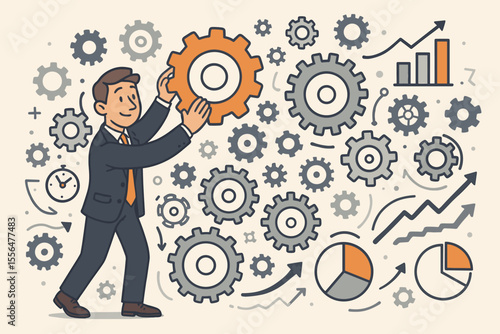 Businessman optimizing workflow efficiency by adjusting gears in complex machine. Vector illustration of productivity, teamwork, process management, business strategy, growth, analytics, success