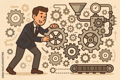 Businessman optimizing workflow by adjusting gears in complex machine. Productivity, teamwork, process improvement, efficiency, automation, management concept. Vector cartoon illustration.