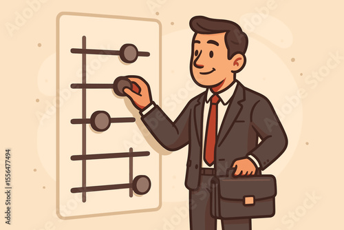 Businessman adjusting control sliders for system settings, quality management, process optimization, customization, decision making, leadership, modern business strategy, vector illustration