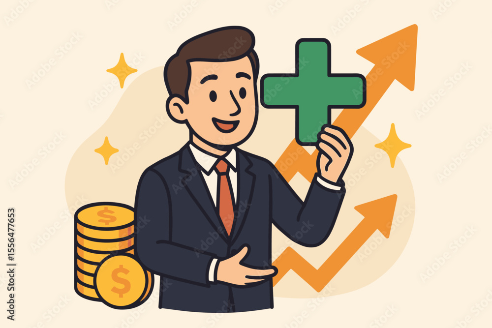 Businessman holding green plus sign symbolizing added value, profit growth, investment, financial success, market advantage, business development, and revenue increase. Vector cartoon illustration Businessman holding green plus sign symbolizing added value, profit growth, investment, financial success, market advantage, business development, and revenue increase. Vector cartoon illustration