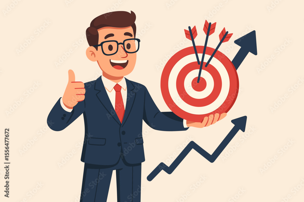 Businessman in suit holding target with arrows, showing thumbs up, symbolizing successful goal achievement, strategy, business growth, leadership, management, motivation, and performance improvement Businessman in suit holding target with arrows, showing thumbs up, symbolizing successful goal achievement, strategy, business growth, leadership, management, motivation, and performance improvement