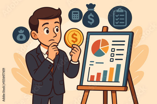 Thoughtful businessman holding coin analyzing budget planning, personal finance management, effective expenditure allocation, financial report, money saving, cartoon vector illustration