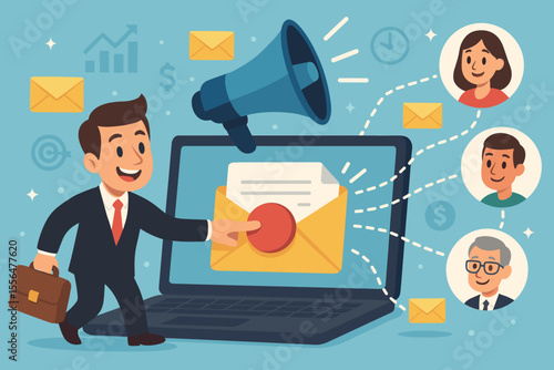 Businessman launching email marketing campaign, direct digital advertising strategy, sending promotional messages and online ads to targeted customers, business communication concept illustration
