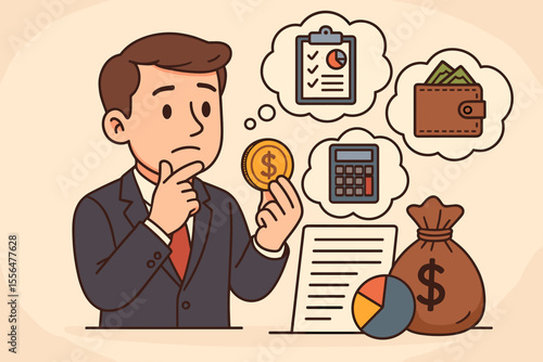 Businessman holding gold coin analyzing budget planning, financial management, investment strategy, expense allocation, profit growth, business analytics, and money saving concept illustration