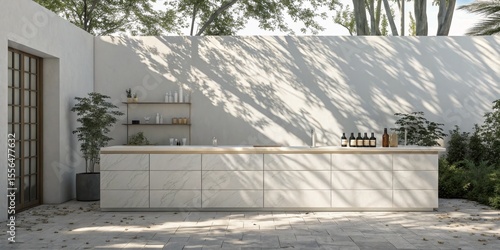 Outdoor Kitchen Design Minimalist Marble Island, Sun-Dappled Wall, Botanical Accents, minimalistkitchen outdoorkitchen