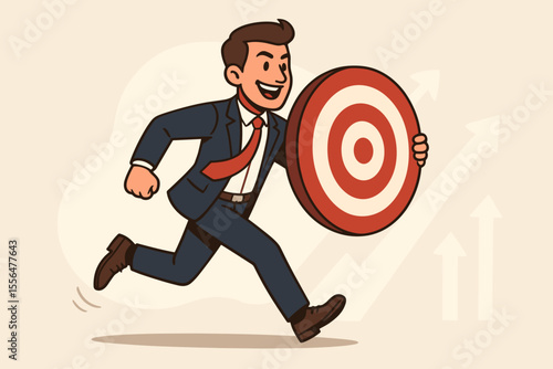 Ambitious businessman running with large target symbol, striving for success, goal achievement, motivation, business growth, leadership, determination, opportunity, vector cartoon illustration