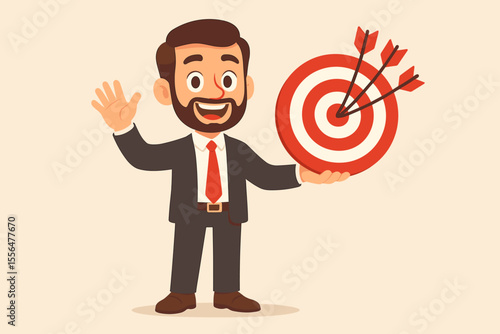 Businessman holding target board with arrows, symbolizing goal achievement, successful strategy, business planning, leadership, motivation, management success, cartoon vector illustration