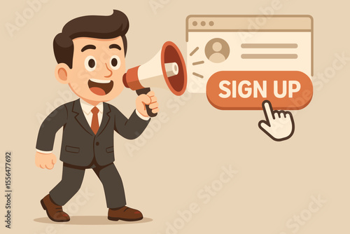 Cartoon businessman in suit promoting online registration with megaphone, encouraging sign up for website account, digital marketing, user acquisition, web interface, vector illustration