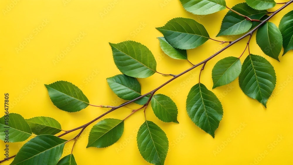 Naklejka premium Leaves, green foliage, branch, minimal, vibrant yellow background, close-up, 4k, high quality, detailed, natural lighting , graphic background images