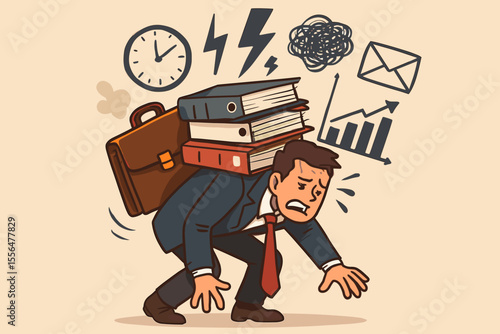 Overworked businessman carrying heavy workload, stress, deadlines, paperwork, office pressure, burnout, time management crisis, business responsibility concept, vector cartoon illustration
