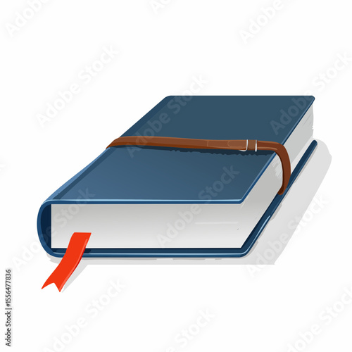 A closed hardcover book with a leather strap and bookmark
