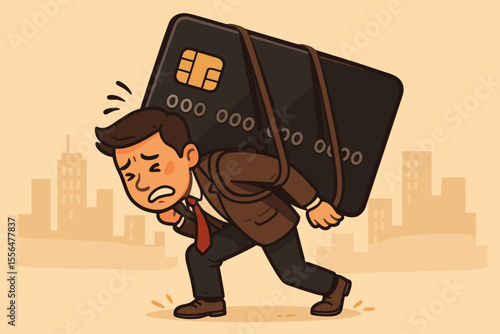 Stressed businessman carrying giant credit card on back, heavy debt burden, financial stress, loan repayment, economic hardship, money problems, cartoon vector, urban background, finance crisis