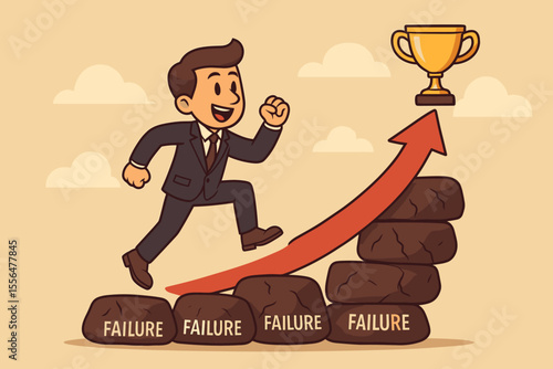Cartoon businessman climbing stepping stones labeled failure to reach trophy, symbolizing perseverance, resilience, success, motivation, business growth, overcoming obstacles, achievement concept