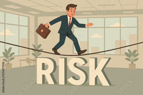 Businessman balancing on tightrope above large RISK text in modern office, concept of risk management, business challenge, career uncertainty, leadership decision, vector illustration