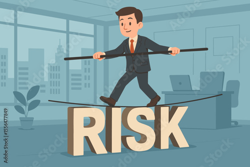 Businessman balancing on tightrope over large RISK letters in modern office, concept of risk management, business challenge, uncertainty, leadership, decision making, vector illustration