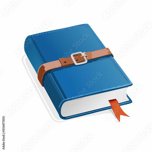 A closed hardcover book with a leather strap and bookmark
