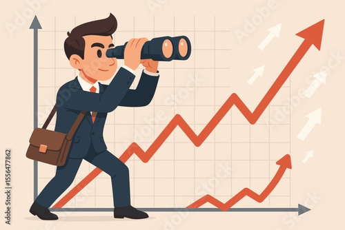 Businessman with Binoculars Analyzing Rising Graph, Strategic Planning for Success and Market Growth, Business Competition Concept, Vector Cartoon Illustration