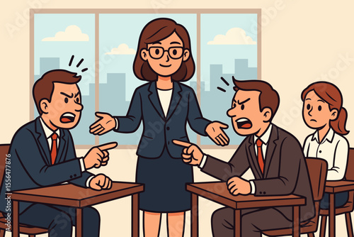 Business mediation conflict resolution scene. Cartoon businesswoman mediating argument between two businessmen in office. Workplace dispute, negotiation, compromise, teamwork, corporate communication