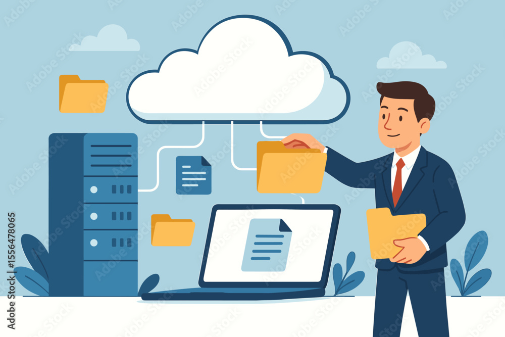 Cloud computing data storage management, businessman organizing digital files, online database server, secure document transfer, cloud technology, network backup system, vector illustration Cloud computing data storage management, businessman organizing digital files, online database server, secure document transfer, cloud technology, network backup system, vector illustration