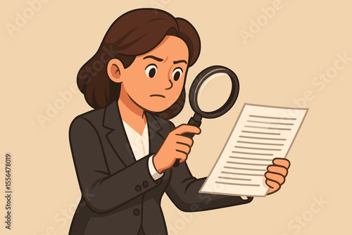 Focused businesswoman examining document with magnifying glass. Careful contract review, detailed analysis, legal audit, compliance check, investigation, cartoon vector illustration, office concept