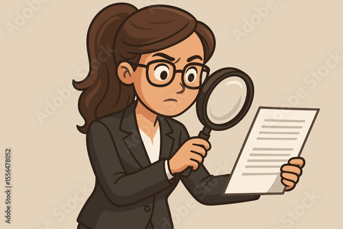 Businesswoman examining document with magnifying glass. Cartoon vector illustration of female professional analyzing paperwork, office audit, inspection, investigation, research, scrutiny, review