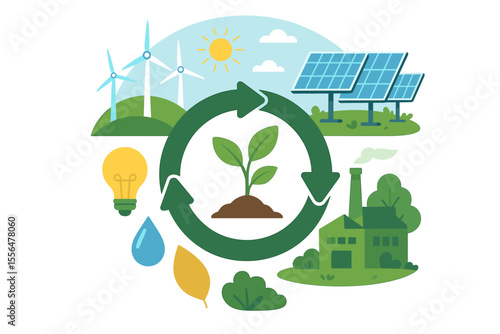 Circular economy concept with renewable energy, wind turbines, solar panels, green industry, sustainable growth, recycling, eco-friendly resources, environmental protection, vector illustration